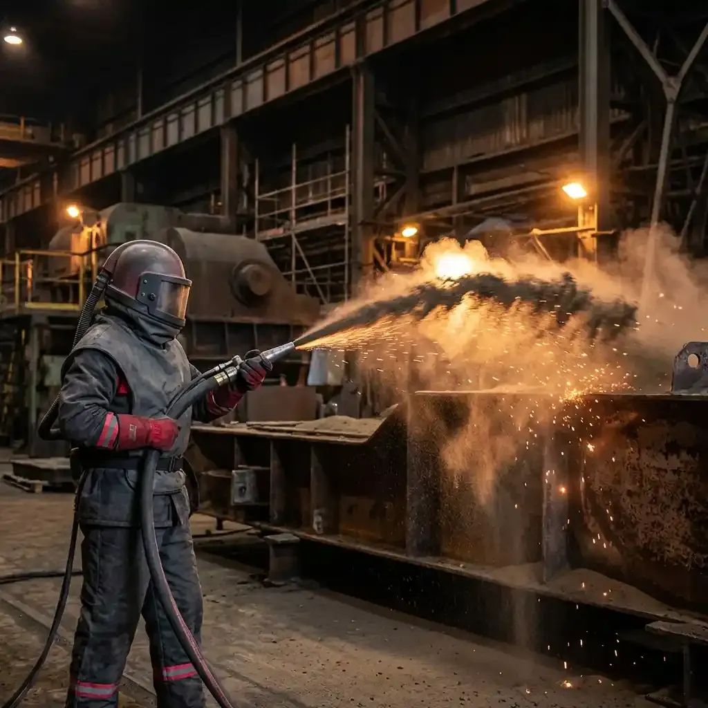 Worker performing abrasive blasting on metal surface with spray visible